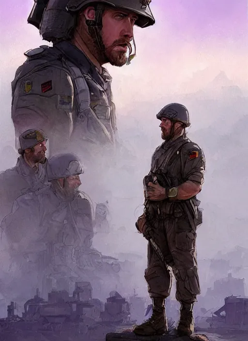 Image similar to purple scene lighting, detailed character portrait!!! concept art, older ryan gosling as a soldier with beard, short hair, in a soldier uniform, desert background, city skyline, sharp focus, illustration, highly detailed, digital painting, concept art, matte, art by wlop and artgerm and greg rutkowski, masterpiece