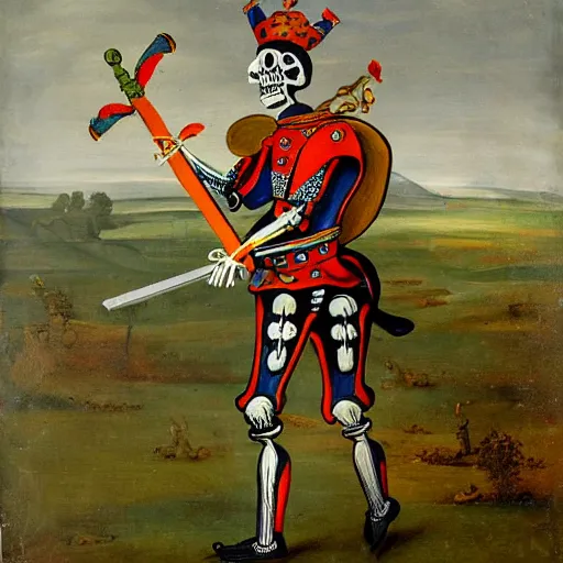 Image similar to skeleton in a colourful landsknechts uniform, wielding a sword, rennaissance painting