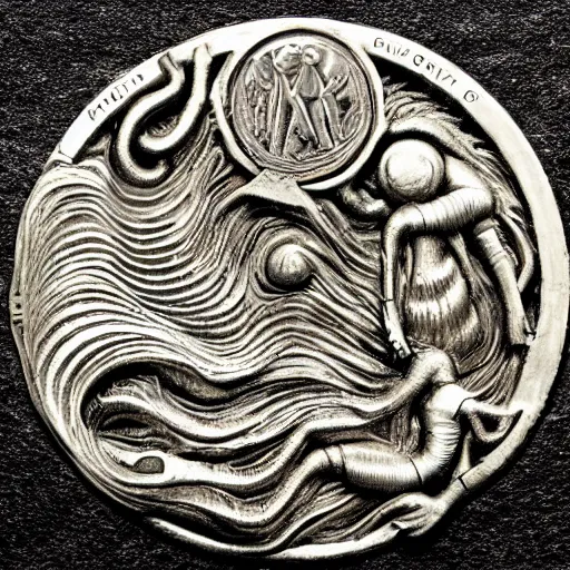 Prompt: a stream of water entering an organic machine and producing a coin in the style of H R Giger