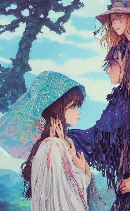 Image similar to bestselling movie poster, official media,a cinematic beautiful closeup moment of lovers saying goodbye wearing boho poncho and sunhat with hyacinths, full body portrait and simple form, brutal shapes, shaman, pixiv, 1970s fashion, official anime media, cinematic lighting, artstation consept artwork by doja cat, charlie bowater, waterhouse, ,greg rutkowski, wong kar wai