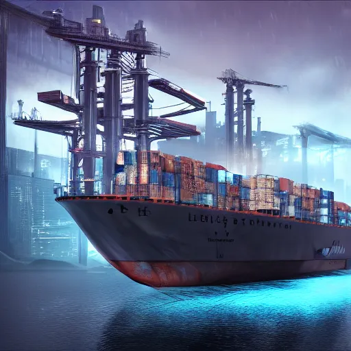 Image similar to photo of Immense industrial futuristic cargo ship arrives at cyber punk city sea port, cinematic lighting, photo