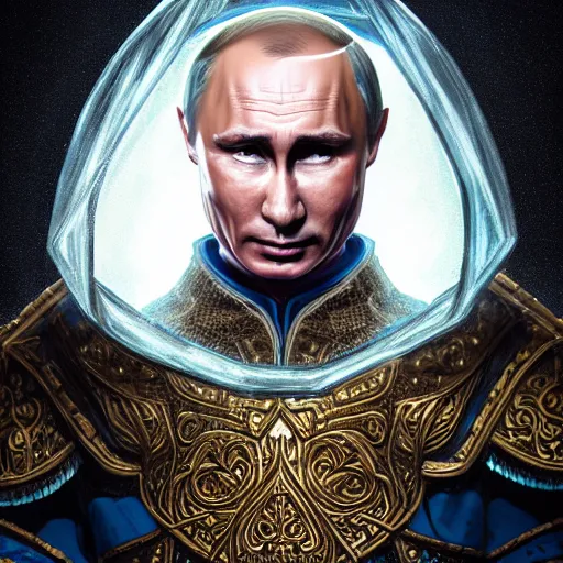 Prompt: a portrait of putin magician in glass armor releasing spell, full height, moving forward, concept art, trending on artstation, highly detailed, intricate, sharp focus, digital art, 8 k