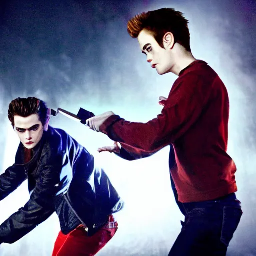 Image similar to buffy the vampire slayer fights twilight's edward cullen to the death, dramatic high - contrast film still, blue and orange rim lighting, iconic,