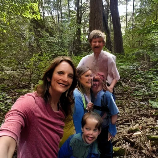Image similar to a selfie by a neanderthal woman and her family in a forest