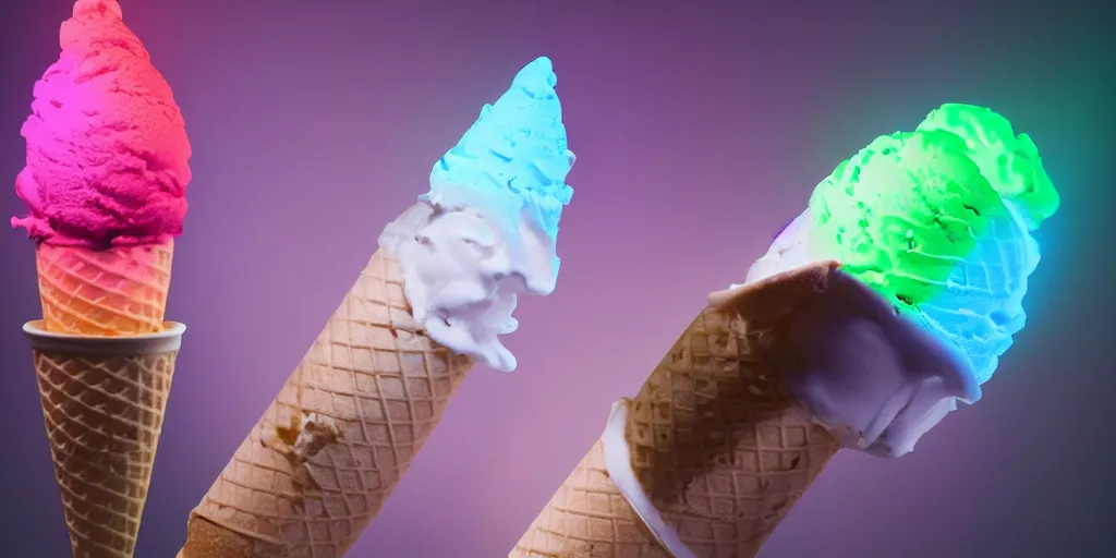 Image similar to ice cream cone with 3 scoops of ice cream and rgb lights embedded in the cone, cyberpunk, high quality, ue 5.