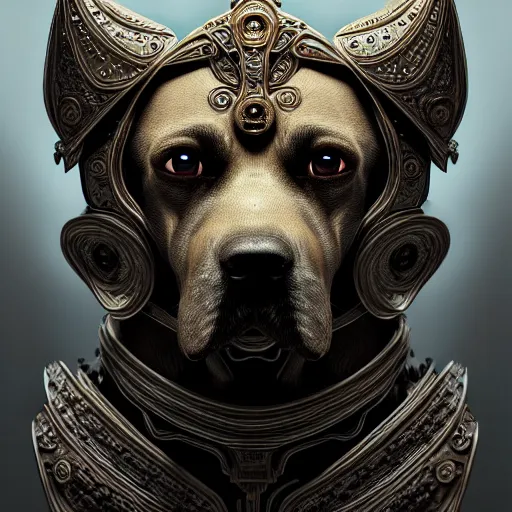 Image similar to dog as a god, very detailed face, detailed features, fantasy, circuitry, explosion, dramatic, intricate, elegant, highly detailed, digital painting, artstation, concept art, smooth, sharp focus, illustration, art by gustave dore, octane render