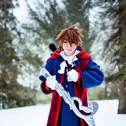 Prompt: of sora cosplay holding keyblade with snow background 35mm