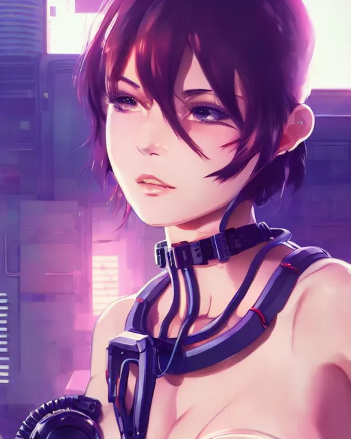 Image similar to kyoto animation, cool girl wearing cyberpunk mechanical futuristic bikini, respirator, detailed portrait, cell shaded, 4 k, concept art, by wlop, ilya kuvshinov, artgerm, krenz cushart, greg rutkowski, pixiv. cinematic dramatic atmosphere, sharp focus, volumetric lighting, cinematic lighting, studio quality