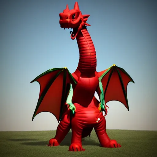 Image similar to an inflatable dragon is standing in the air, a character portrait by toyen, polycount, plasticien, rendered in maya, daz 3 d, 3 d