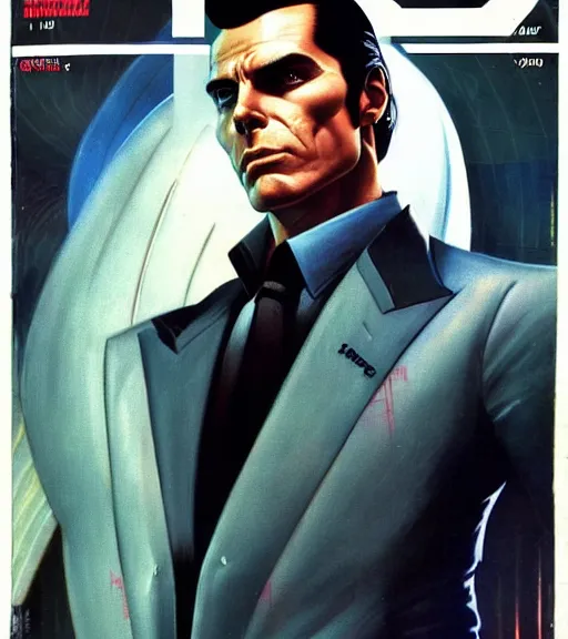 Image similar to a cyberpunk very ugly mafia boss in a suit with slicked back black hair played by christen bale staring at the camera, 1 9 7 9 omni magazine cover, style by vincent di fate, artgerm, very coherent, detailed, 4 k resolution, dark, unreal engine, daz