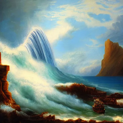 Prompt: stark oil painting, sailing ship at the edge of the world waterfall, man vs. nature, deep blue water, whitecap waves, point of no return, desperation, vivid, highly detailed, renaissance, 4k scan