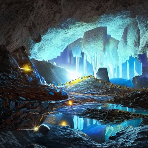 Prompt: a diamond mine, lots of diamonds unearthed, a lights is being reflected all around the dark cave mine, luminous Color’s, murial art, concept art.