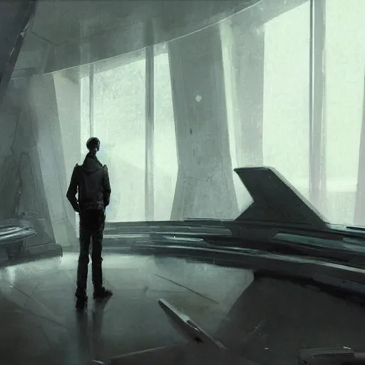 Prompt: concept art by greg rutkowski, a very tall, and slender man with messy black hair, wearing a beige and black sweater, sitting in the spaceship command bridge, brutalist futuristic interior, dark lighting atmosphere, detailed portraits, nostalgic atmosphere, scifi, digital painting, artstation, concept art, smooth, sharp foccus ilustration, artstation hq