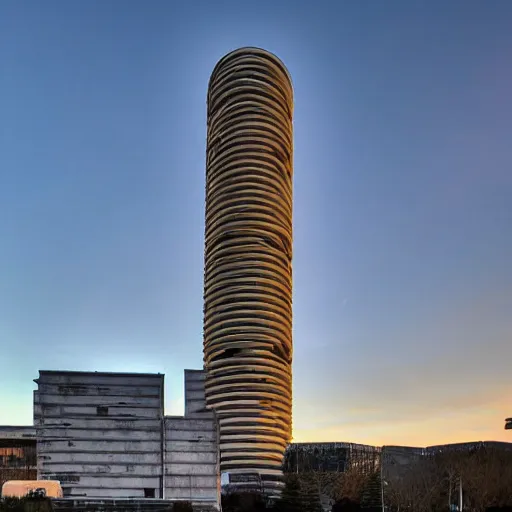 Image similar to a wide shot of a sci - fi beautiful neo - brutalist monumental multi - building structure, tall brutalist facilities with spaceship parking lots on top, with many rounded elements sprouting from the base tower creating a feel of an organic structure, photography shot at blue hour