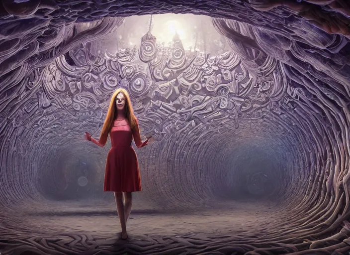 Prompt: vfx surreal 3 d portrait of alice from wonderland walking into a non - euclidean and infinite tunnel of evanescent hallucinatory images, reflections in endless mirrors, hyperdetailed, octane render, sharp focus, concept art, intricate by alex grey, greg rutkowski jeff soto and daniel merriam, dan mumford and pixar, octane render