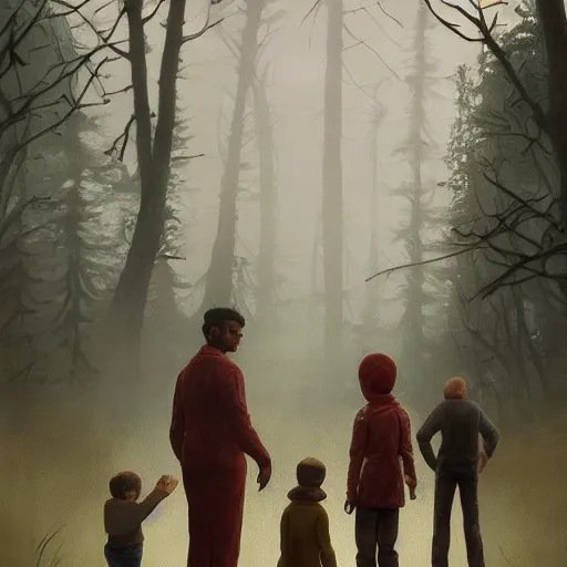 Image similar to giant 2 1 savage standing over tiny humans by simon stalenhag, atmospheric haze, children below look up, misty evening, sci fi digital painting, unreal engine 5, photorealism, hd quality, 8 k resolution, cinema 4 d, 3 d, cinematic, professional photography, art by artgerm and greg rutkowski and alphonse mucha and loish and wlop