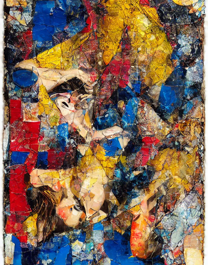 Prompt: expressive female orgasm detailed mixed media collage with canvas texture in style of contemporary art, punk art, photorealism, sensual bodies, expressionism, masterpiece, spectacular quality, intricate oil details, broken glass photo, torn paper intricate texture, large cracks, liquid glue spots, vivid and balanced yellow red blue palette