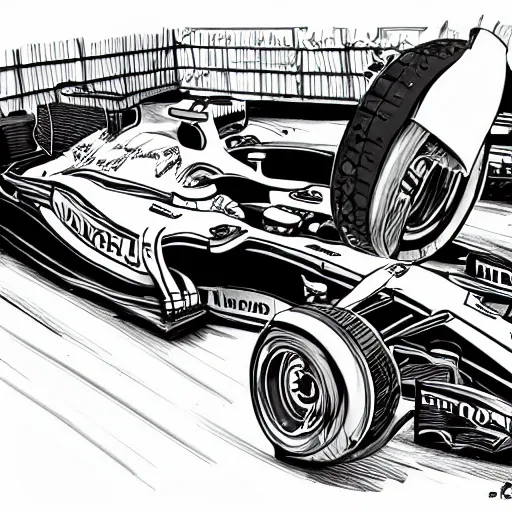 Image similar to formula one mechanic works on car, comic, wide shot, style by patrick brown