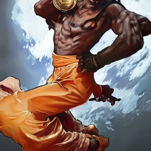 Prompt: chris tucker as dhalsim street fighter, jump kick, 4 k, ultra realistic, detailed focused art by artgerm and greg rutkowski and alphonse mucha