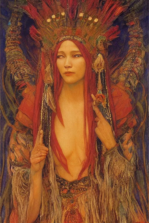 Image similar to queen of the lost city with her regalia, by Annie Swynnerton and Nicholas Roerich and jean delville, dramatic cinematic lighting , ornate headdress , flowing robes, lost civilizations, extremely detailed