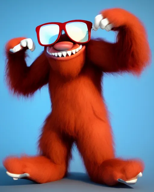 Prompt: 3 d render of completely red hairy friendly antropomorphic cartoony creature wearing white ray - ban shades, full body, simple, grin instead without a nose, cute, white background, unreal engine 5 hdr