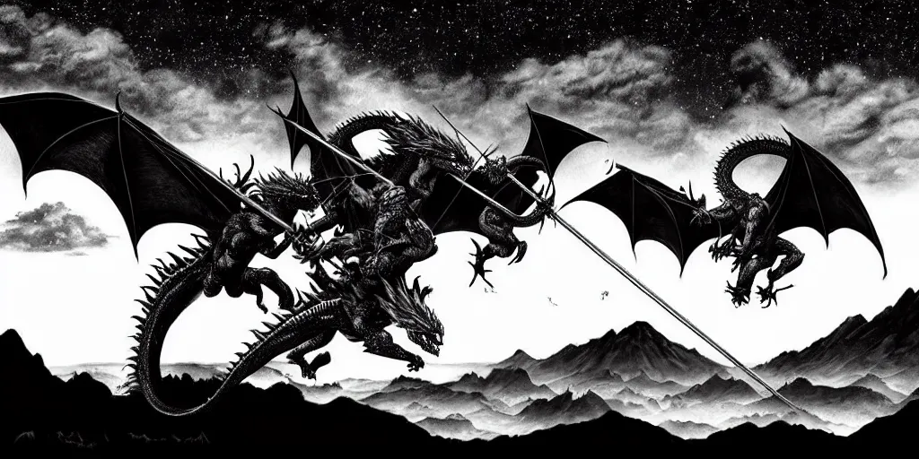 Prompt: archer fighting a dragon under the night sky in front of the mountains. dark fantasy style. epic fight. digital art. black and white. by kentaro miura