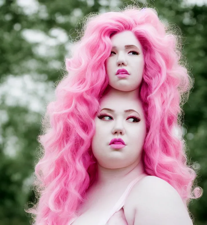 Image similar to a photograph of rose quartz from steven universe, portrait photography, 8 5 mm, iso 4 0 0, focus mode, detailed portrait, gigantic tight pink ringlets, huge pink hair, plus size, extremely beautiful and ethereal, white dress, gorgeous, kind features, beautiful woman, flattering photo, daylight