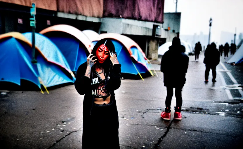 Image similar to Cinestill 50d candid photography of a city on fire, extreme wide shot of a poor techwear mixed woman wearing thick mascara and makeup crying outside of a futuristic city on fire, cyberpunk, tattoos, homeless tents on the side of the road, extreme long shot, desaturated, full shot, blurry, 4k, 8k, hd, full color