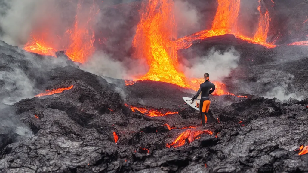 Prompt: medium shot of a person wearing a sponsored team jersey surfing down a river of lava on the side of a volcano on surfboard, action shot, dystopian, thick black smoke and fire, sharp focus, wide angle shot