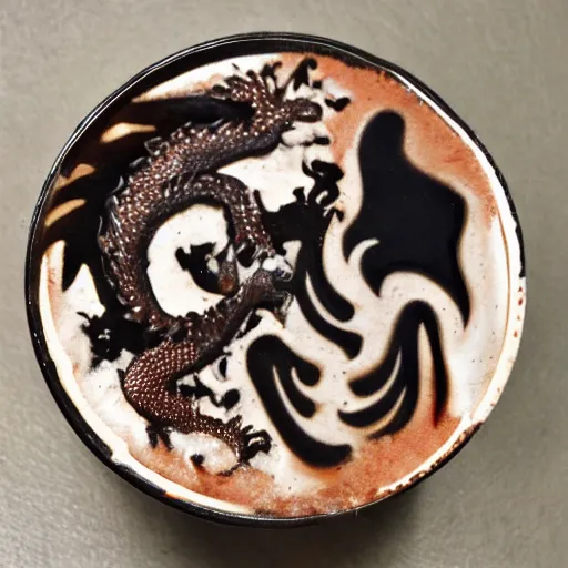 Prompt: photo, asian dragon head as latte art, dragon face, fire breath