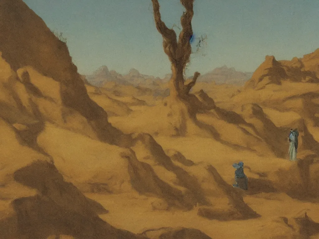 Prompt: scene with figure in the desert. painting by ernst steiner