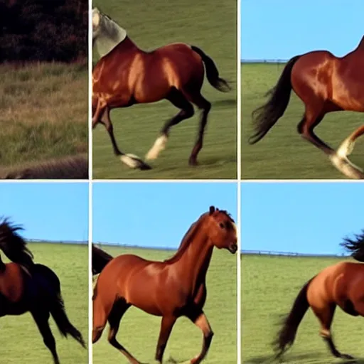 Image similar to 4 frames of a horse running frame - by - frame from a video clip