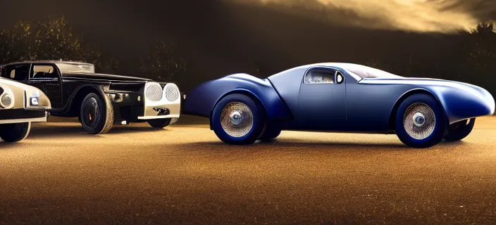 Image similar to a single bugatti type 5 7 sc atlantic and delorean hybrid, dslr, volumetric lighting