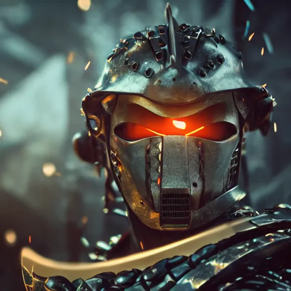 Image similar to advanced metal samurai armor, glowing led, splash art, movie still, cinematic lighting, dramatic, octane render, long lens, shallow depth of field, bokeh, anamorphic lens flare, 8k, hyper detailed, 35mm film grain