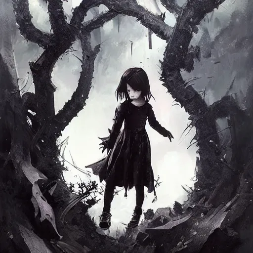 Prompt: goth little girl, artwork by greg rutkowski and hiroriko araki