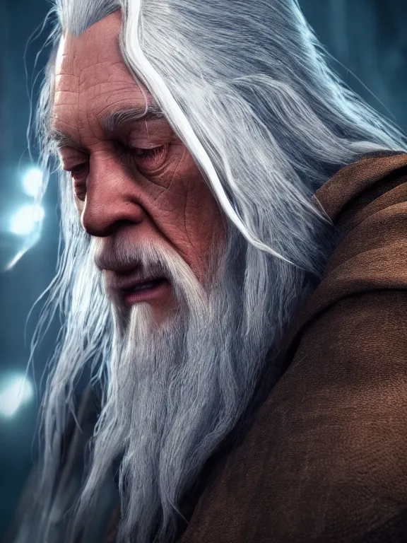 Image similar to Evil Gandalf 8k ultra realistic , lens flare, atmosphere, glow, detailed, intricate, full of colour, cinematic lighting, trending on artstation, 4k, hyperrealistic, Long shot, extreme details, unreal engine 5, cinematic, masterpiece