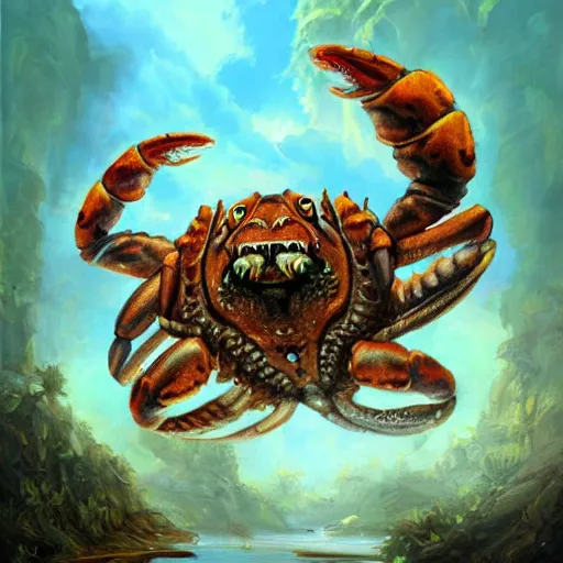 Image similar to tiger - crab creature, oil painting by justin gerard, deviantart