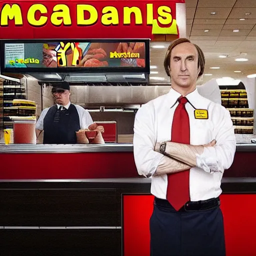 Image similar to Saul Goodman as a McDonalds Worker, mcdonalds store counter