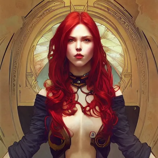 Image similar to a cool red - haired girl. she is dressed as a superhero. clean elegant painting, beautiful detailed face. by artgerm and greg rutkowski and alphonse mucha