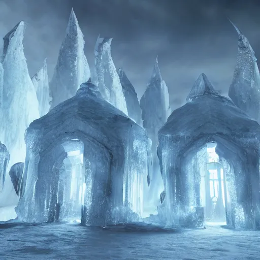 Image similar to ethereal magical ice village, highly detailed, 4k, HDR, award-winning, octane render, artstation