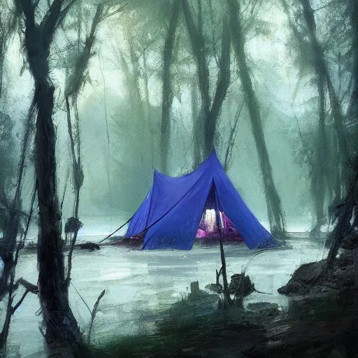 Prompt: a tent by the river in the deep, remote woods by ruan jia, from nightmare before christmas | detailed | elegant | trending on artstation