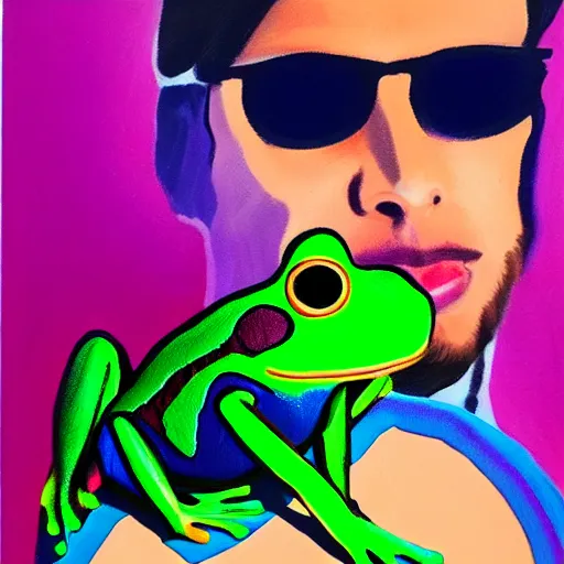 Image similar to alex jones holding a frog, frog, rainbow colors, oil on canvas