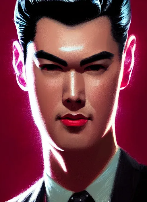 Image similar to portrait of reggie mantle, mean smirk, egotistical, slicked back hair, 1 9 5 0 s, intricate, elegant, glowing lights, highly detailed, digital painting, artstation, concept art, smooth, sharp focus, illustration, art by wlop, mars ravelo and greg rutkowski