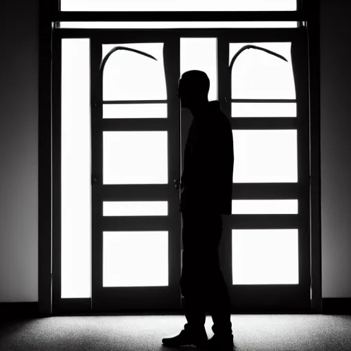 Image similar to silhouette of a man stepping into a door of blinding light. candid shot