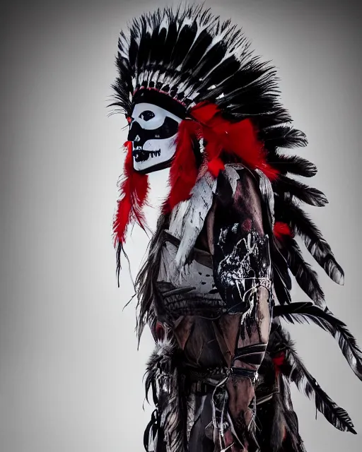 Image similar to the ghost - spirit of the grim - warpaint wears the scarlet skull armor and native blood headdress feathers, midnight fog - mist!, cinematic lighting, various refining methods, micro macro autofocus, ultra definition, award winning photo