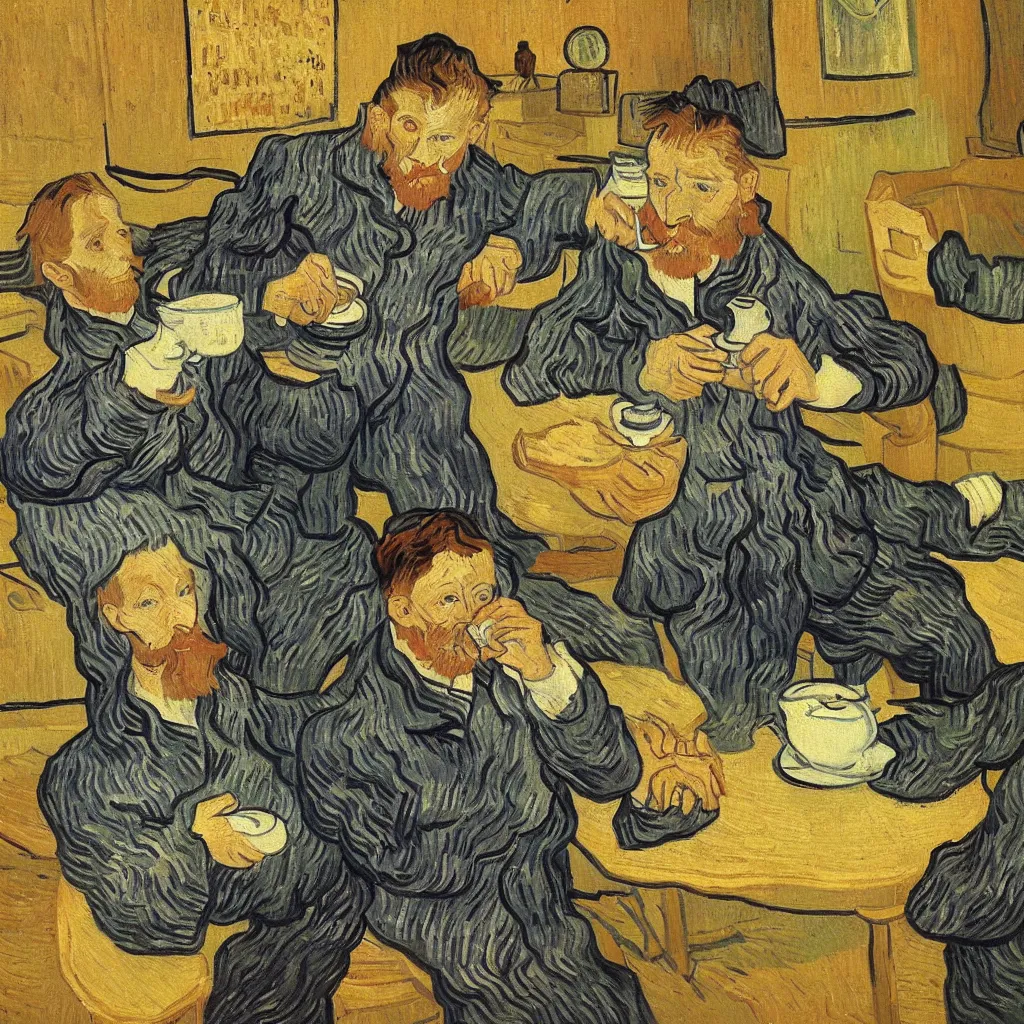 Image similar to van gogh drinking tea in chengdu, by lijiayan, trending on artstation.