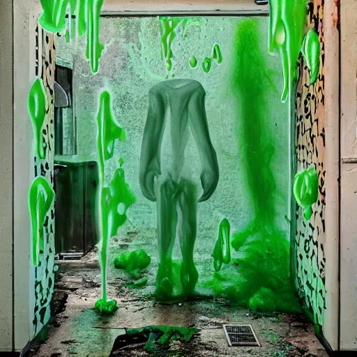 Image similar to a being of green ghostly viscous slime ooze making its way through abandoned midnight suburban streets, inevitable doom, ooblek, wisp lights, rhads,