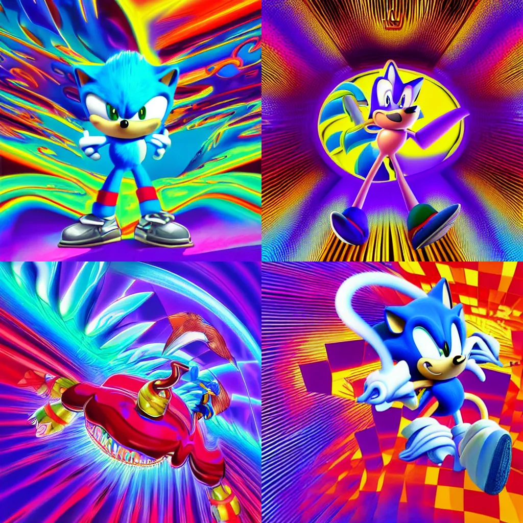Prompt: surreal, sharp, detailed professional, high quality airbrush art MGMT album cover of a liquid dissolving LSD DMT sonic the hedgehog headshot surfing through cyberspace, purple checkerboard background, 1990s 1992 Sega Genesis video game album cover, raytraced spheres retro sonic the hedgehog