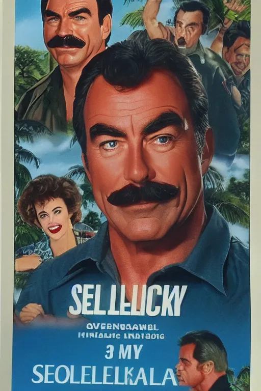 Image similar to tom selleck 1 9 9 0 s vhs box art, romantic comedy, hawaii, army men, highly detailed, hd, realism