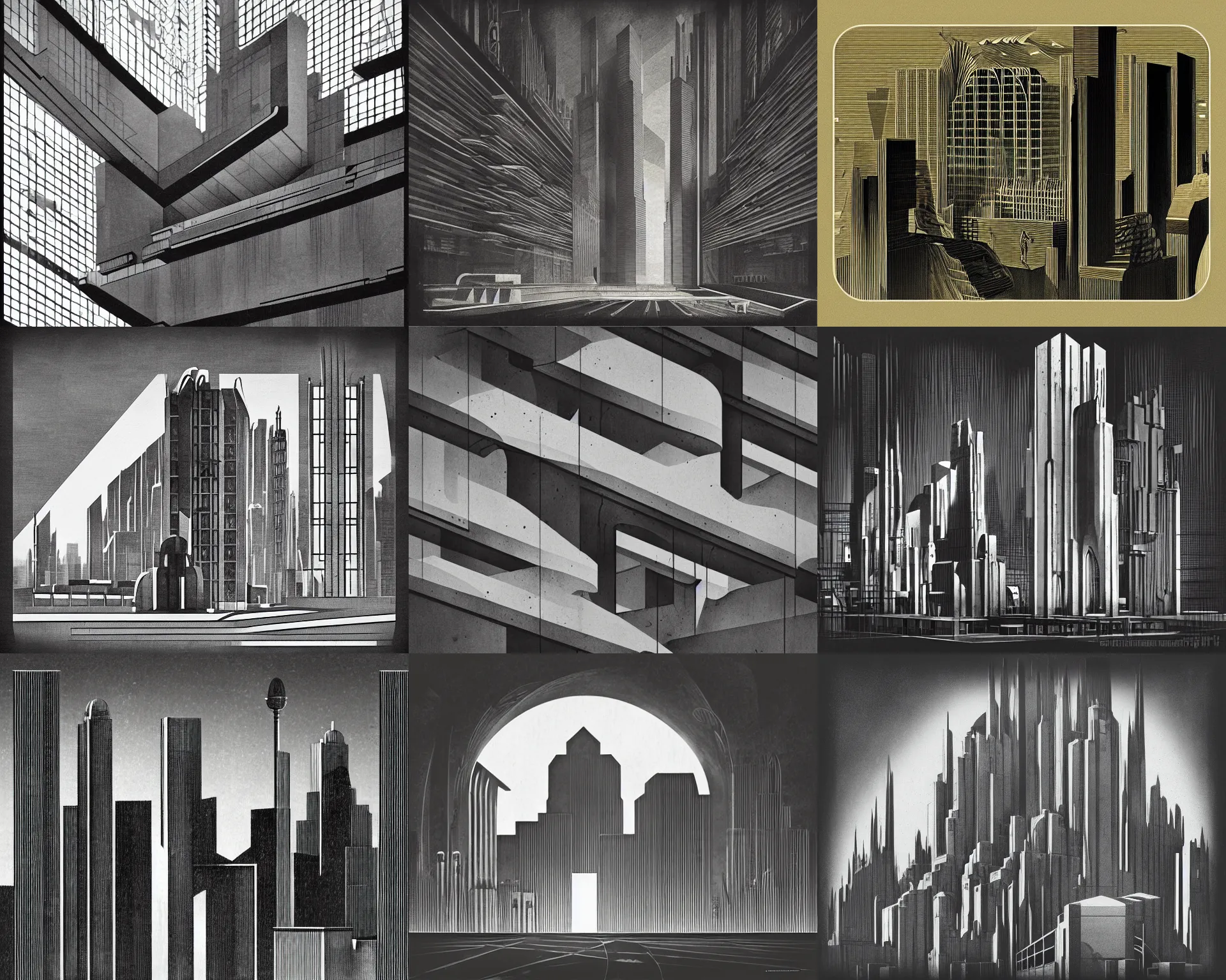 Prompt: music album cover, brutal concrete architecture, metropolis, 1930s, light and shadows, in the style of Hugh Ferriss, Behance, retro futurism, Dribbble, H 640